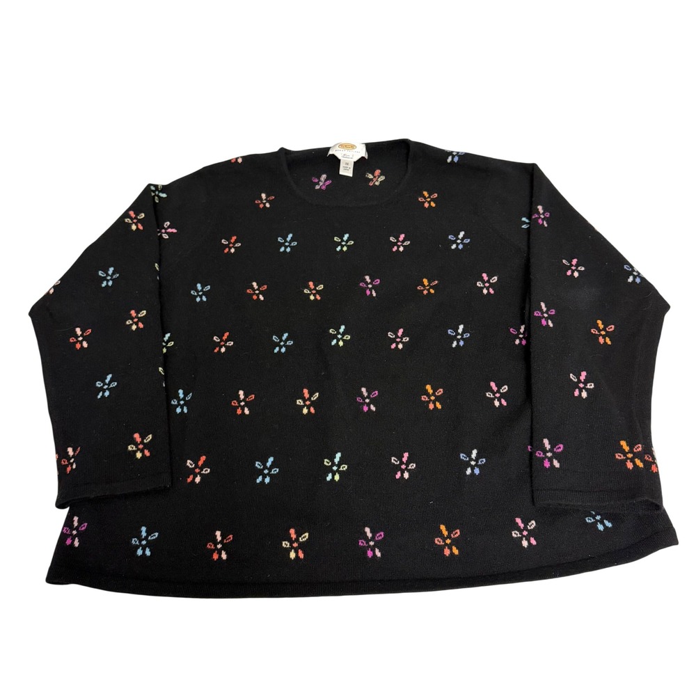 Talbots Woman Petites 2X Black Pure Cashmere Floral Embroidered Sweater Luxury